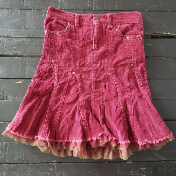 Mary-Kate and Ashley Little Girls 6 Burgundy Red Corduroy Skirt Brown Tulle Trim - Picture 1 of 5